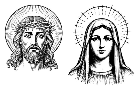 Vintage Engraving Style Vector Portraits of Jesus Christ with Crown of Thorns and Virgin Mary with Halo