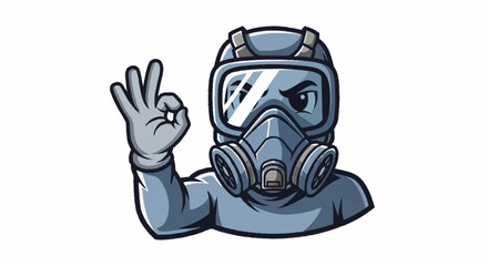 Safety first, mission accomplished! Person with gas mask gives okay sign for hazard control, cleanliness, and protection in critical situations