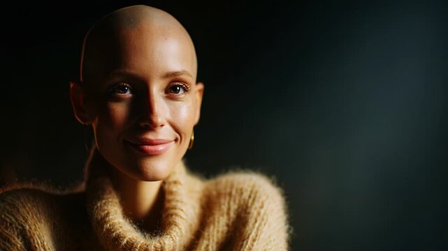 A radiant woman with a bald head and warm smile, wearing a cozy beige sweater, captures the essence of confidence and beauty in a softly lit atmosphere with gentle shadows.