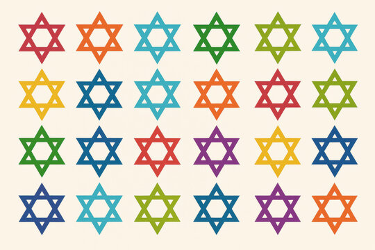 Colorful seamless pattern of repeating Star of David symbols in bright rainbow hues arranged in neat rows on a light neutral background