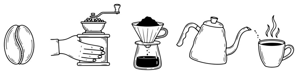 Coffee Brewing Equipment Hand Drawn Line Icon Set