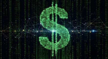Digital dollar symbol emerging from binary code matrix