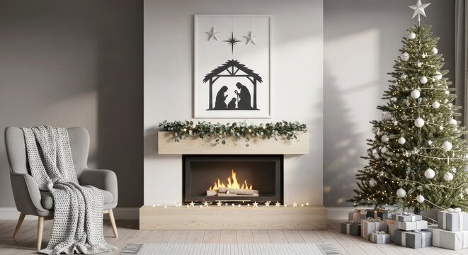 Cozy Christmas living room in Scandinavian style with minimalist Nativity scene silhouette art print above a fireplace. Perfect for holiday, interion design,  home, family themes.