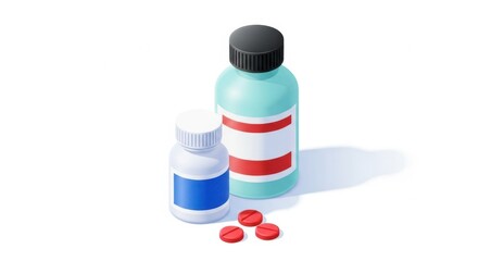 Two bottles of medicine and red pills on white background
