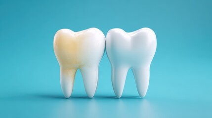 Comparison of a healthy white tooth and a stained yellow tooth on blue background