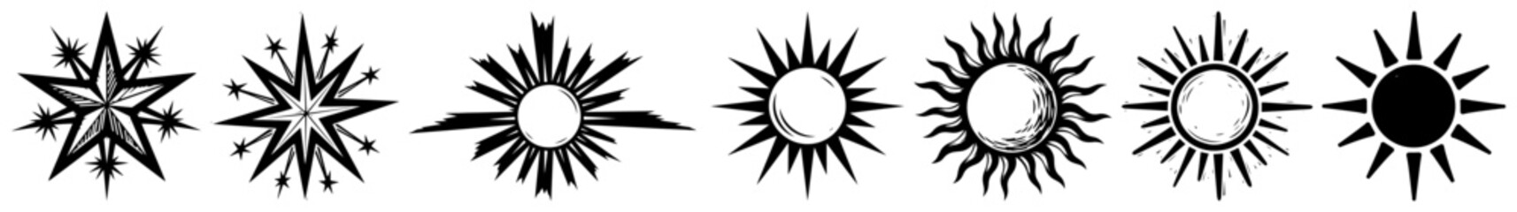 Mystical Sun Burst Icons Celestial Solar Symbol Collection Hand Drawn Vector Set