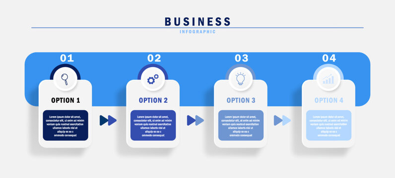 Business infographic vector template with icons and four steps or options. Ideal for process diagrams, presentations, workflow layouts, banners, and flow charts.
