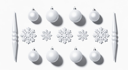Set of matte white Christmas ornaments arranged symmetrically on a crisp white background