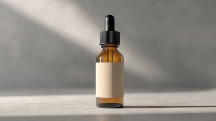 Amber glass bottle with dropper and blank label against a gray background