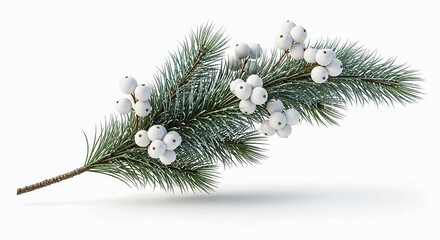 Single pine branch with small white berries and subtle frost, isolated on pure white background