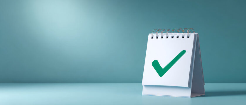 A white spiral bound notebook with a green check mark on the page is shown against a blue background