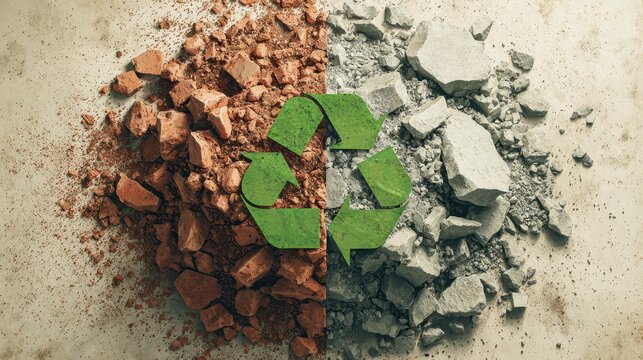 Recycle symbol on construction and demolition waste, sustainable concept