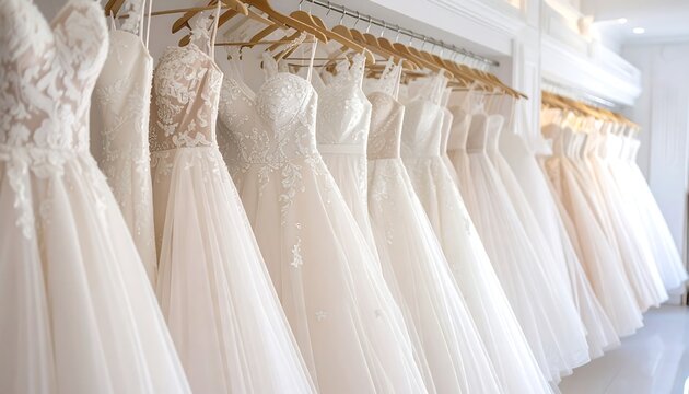 Row of elegant wedding dresses hanging on wooden hangers in a bright, well-lit bridal shop, creating a sense of anticipation