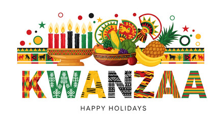 Happy Kwanza. Holiday African symbols with lettering on a white background