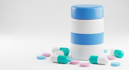 Stack of blue and white pill bottles with scattered capsules and tablets