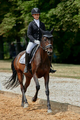 Equestrian sport, horse and rider in dressage competition, woman riding horse in outdoor arena, training and performance, equine event, sunny day, natural light, action shot.