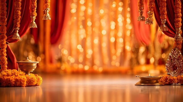 Navratri festival background, Buddhist religious ceremony in the temple, close-up. golden garlands and red background, selective focus, golden temple bells, and marigold garlands.