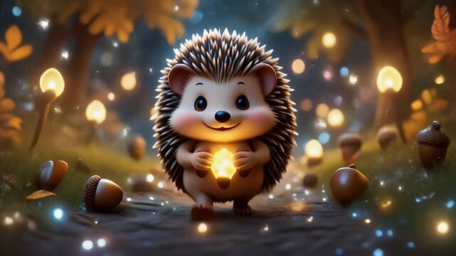 Charming hedgehog illuminated on forest path amidst glowing lights