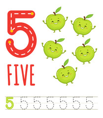 Number five for kids with cute cartoon apple. Learning to count. Math game with fruits for preschool and school children. Count and trace. Vector