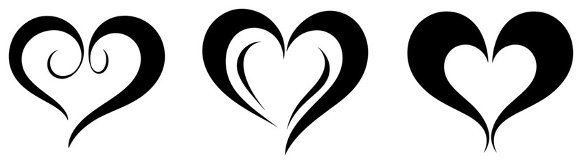 Set Of Abstract Swirling Heart Shapes In Calligraphic And Tribal Tattoo Style