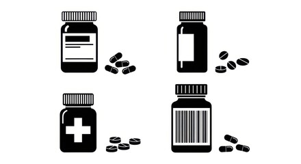 Four black and white illustrations of medicine bottles and pills