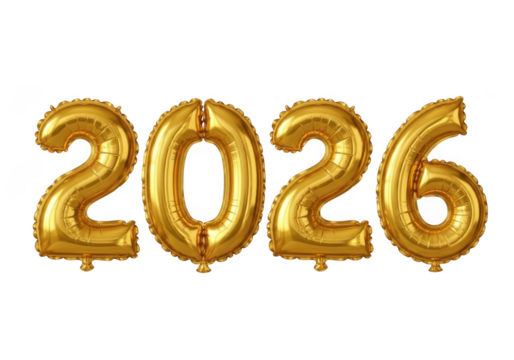 Shiny golden balloons forming the year 2026 a bright festive celebration event for new beginnings transparent background