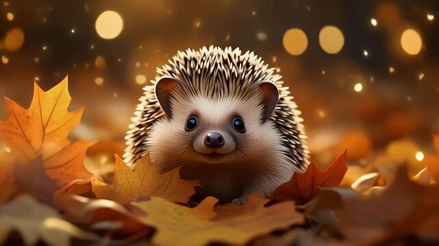 Charming hedgehog amidst autumn leaves with bokeh background