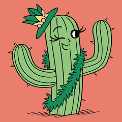 Winking cartoon cactus wearing a festive hat and lei on a pink background Keywords: cactus