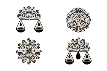 Four black and white line drawings of decorative elements and scales of justice mandala