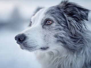 Fototapeta premium White Dog in Falling Snow Looking Into the Distance