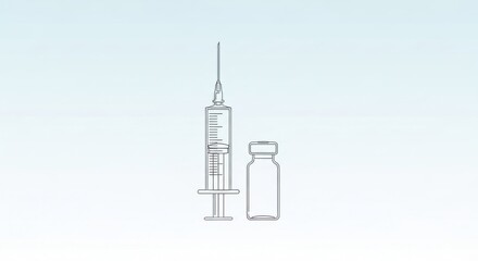 Medical syringe and vial illustration on a light blue background