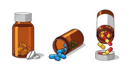 Amber pill bottles spilling out various colored capsules and pills