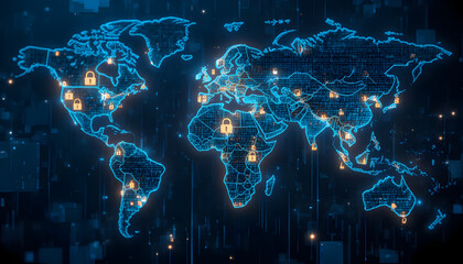 Global cybersecurity network depicting a world map with padlock icons, representing data protection and digital security in a connected and interconnected world, emphasizing global security