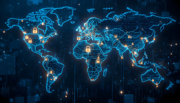 Global cybersecurity network depicting a world map with padlock icons, representing data protection and digital security in a connected and interconnected world, emphasizing global security