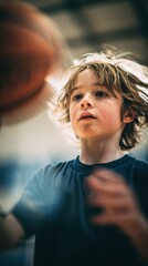 Fototapeta premium Focused young boy with tousled hair practicing basketball drills indoors with a blurry ball foreground and soft lighting