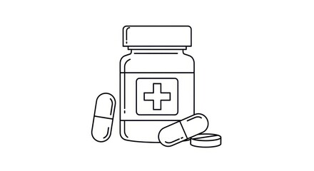 Line art illustration of a medicine bottle and pills