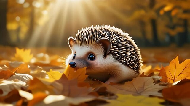 Charming hedgehog in autumn leaves bathed in warm sunlight idyllic nature scene