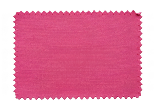 Vibrant hot pink fabric texture swatch with unique scalloped zigzag edge detail material sample transparent background
