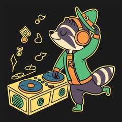 Raccoon DJ wearing headphones and hat playing records on black background animal music