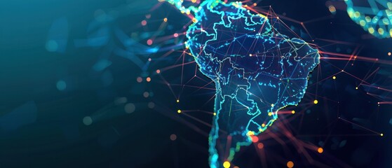 Digital map of South America, concept of global network and connectivity, data world transfer and cyber technology, information exchange.