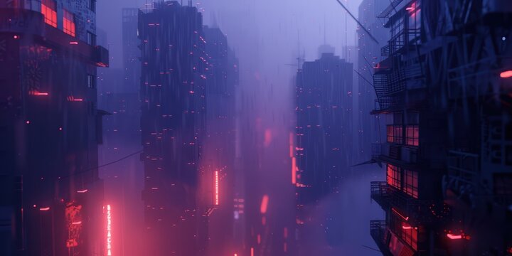 Dark purple fog and mist futuristic city cyber future science fiction dystopia building night glowing light.