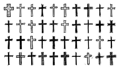 Set Of Hand Drawn Christian Cross Sketches In Grunge Style Vector Illustration
