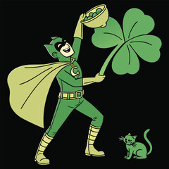 Superhero Holding Clover and Bowl of Peas with Cat illustration vector