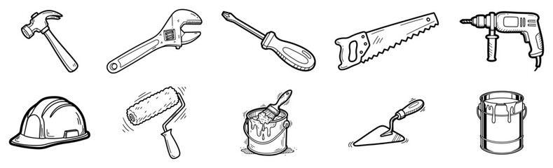 Construction Tools and Repair Equipment Hand Drawn Icon Set