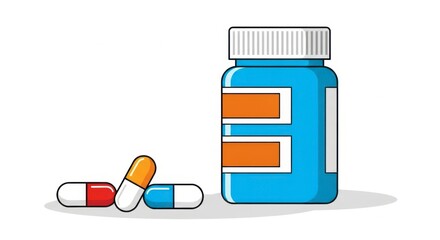 Blue medicine bottle with capsules and pills on white background