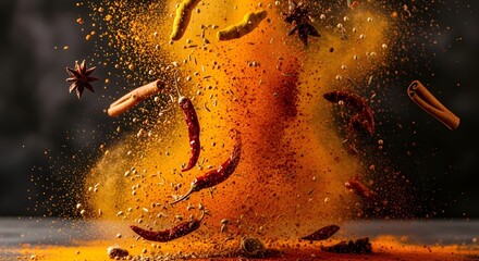 Spices exploding in water with orange hues