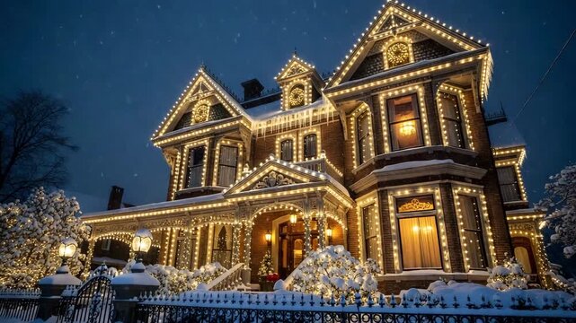 Large luxury victorian house exterior decorated with bright warm Christmas string lights on roof and windows in snowy winter evening twilight

