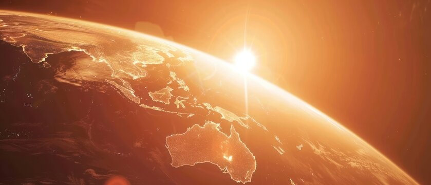 Planet burn fire flames weather Earth burning under the extreme heat of the sun, conceptual illustration of global warming, temperature destruction.