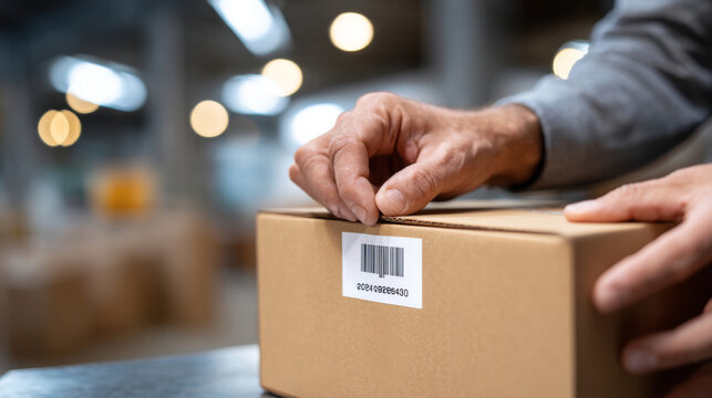 A man sealing a cardboard box with his hands in an industrial setting, ready to ship it out