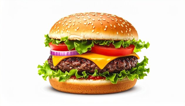 Close-up of a cheeseburger with sesame seed bun, beef patty, cheddar cheese, lettuce, tomato, red onion, pickles, ketchup, and mustard; neatly stacked against a white background for a fresh and appeti